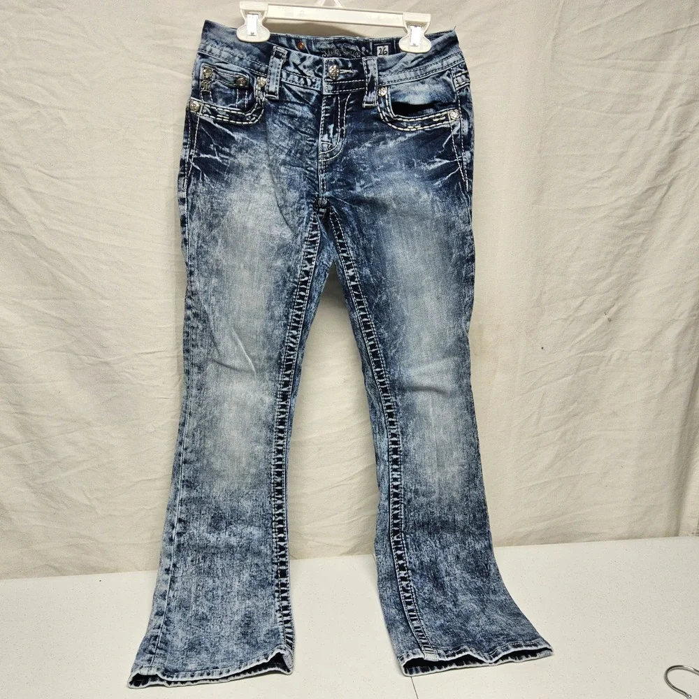 Miss Me Signature Boot Jeans Womens 26 Blue Acid Wash Embellished Low Rise 31x26